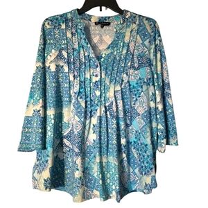 N Touch Chic Blue Patterned Blouse PXL EUC